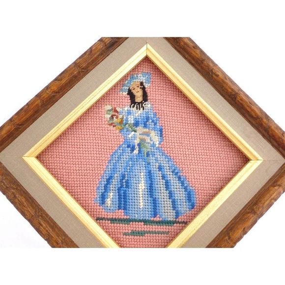 Vintage Needlepoint, Petitpoint, Hand Stitched,Girls Room, Vintage Wall Hanging - Picture 2 of 4